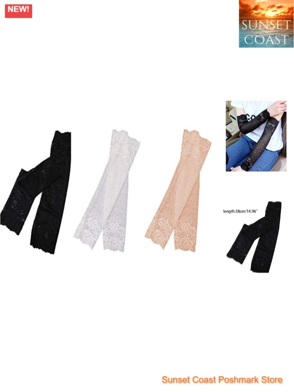 Lace Floral UV Protection Arm Sleeves 38cm Fingerless Over Elbow Stretchy